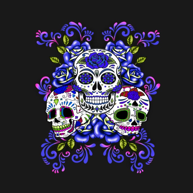 Triple Skull Blue Floral Day Of The Dead Sugar Skulls by Atteestude