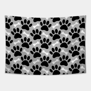 Dog Paw Prints And Bones Black White Gray Pattern Tapestry