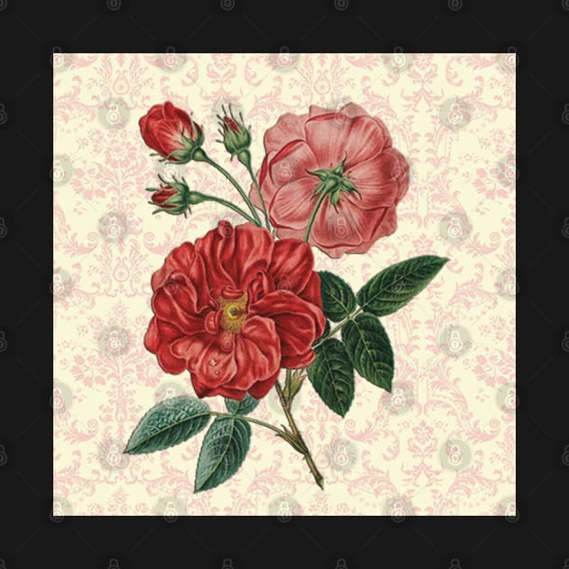 Rose Art Vintage Pink & Red Rose Design on Blush Pink, Cream Damask Pattern by tamdevo1