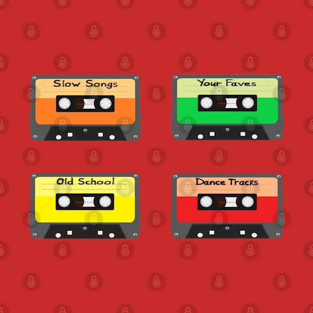 Mixtapes Pack. Set of Four Retro Cassette Mix Tapes in Vintage Colors. Slow Songs, Your Faves, Old School and Dance Tracks. (Black Background) by Art By LM Designs 