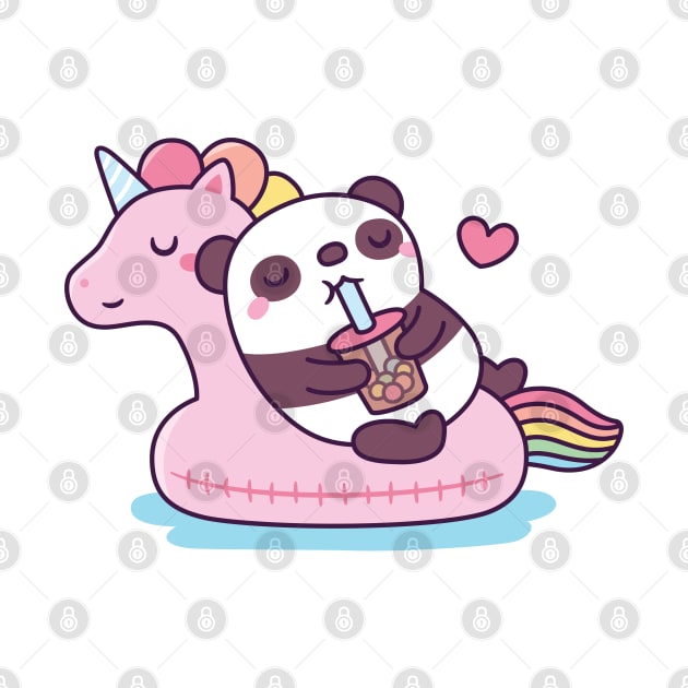 Cute Panda Enjoying Bubble Tea on Unicorn Pool Float by rustydoodle