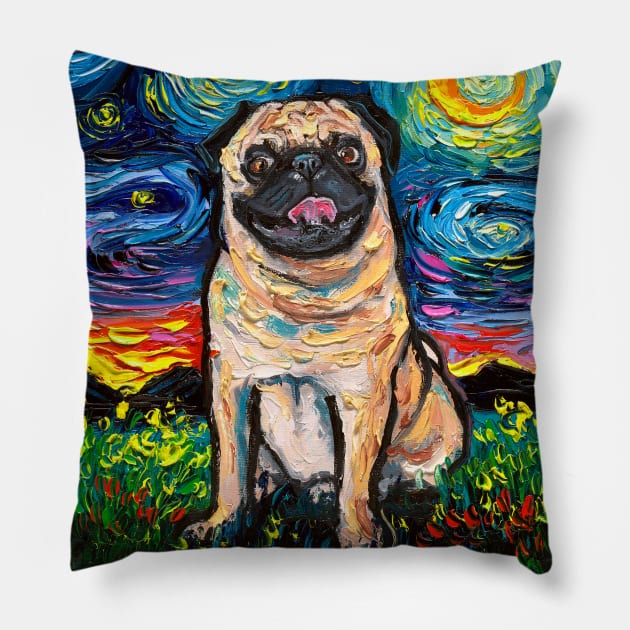 Happy Fawn Pug Starry Night Pillow by sagittariusgallery