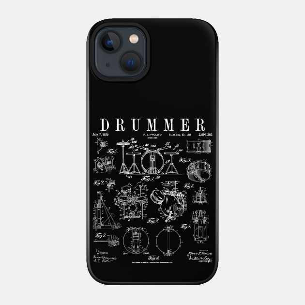 Drum Set Kit Vintage Patent Drummer Drawing Print WHITE - Drummer - Phone Case