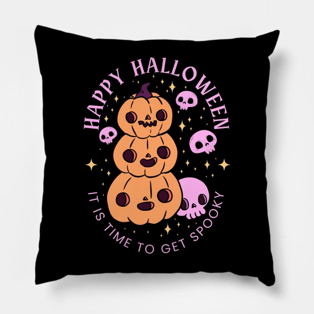 Happy halloween it is time to get spooky a cute pumpkin pile design with skulls Pillow by Yarafantasyart