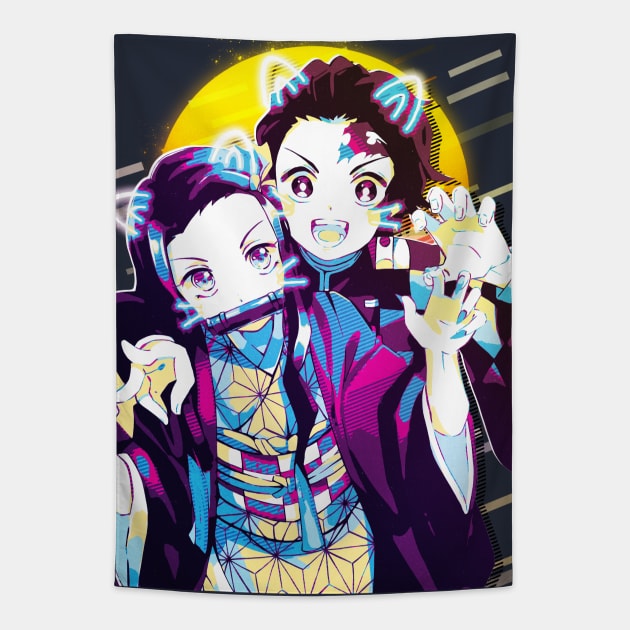 Nezuko Kamado and Tanjiro Kamado Tapestry by 80sRetro