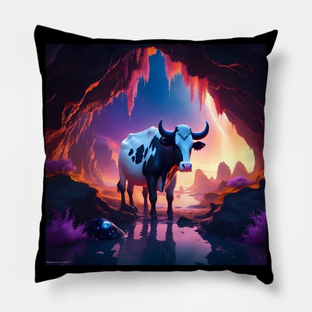 Cow In A Cave Pillow by MiracleROLart