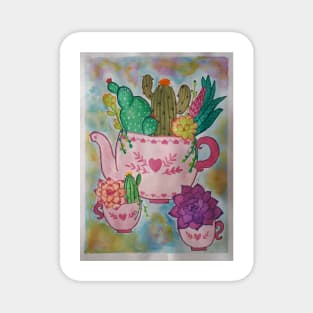 Cactus in a teapot and teacups Magnet