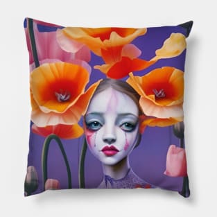 Floral art deco poppy flower painting of a girl in the Pop Surrealism style Pillow