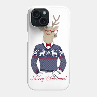 Hand Drawn Vector Illustration of Deer Hipster in Jacquard Sweater Phone Case