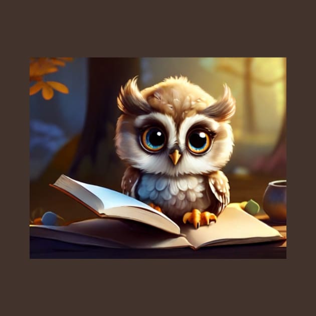 Baby Owl with Big Eyes Reading a Book by susiesue