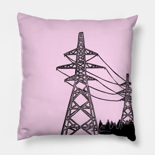 Electricity Pylons Linocut Silhouette on Pink Pillow