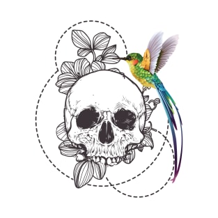 Skull Design, Beautiful Skull Art, Line Artwork, Colorful Bird T-Shirt