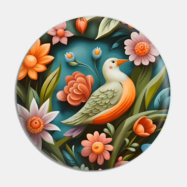 Bird and Floral Mural Design Pin by Charmycraft