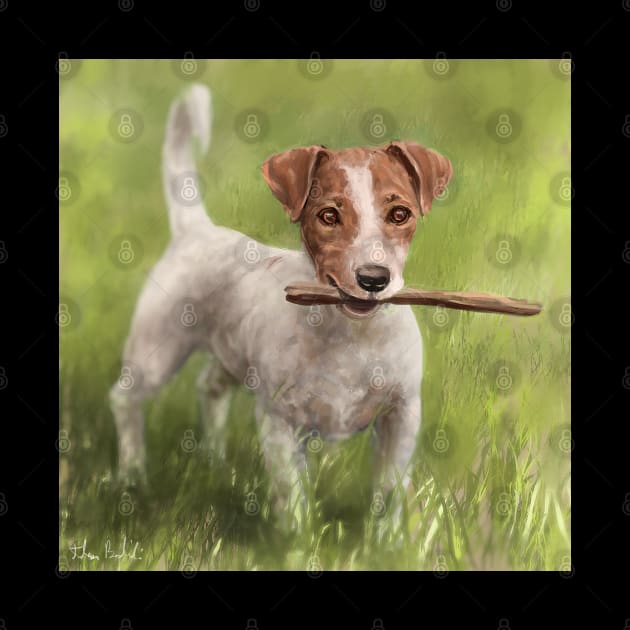 Painting of a Jack Russell Dog With a Stick in its Mouth Standing on a Green Grass by ibadishi