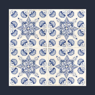 "Carnations and a Star", vintage ceramic tiles in blue and white, late 1700s or early 1800s, Netherlands, cleaned and restored T-Shirt