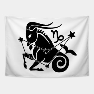 Capricorn - Zodiac Astrology Symbol with Constellation and Sea Goat Design (Black on White, Symbol Only Variant) Tapestry