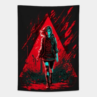 Cyberpunk Girl On Red Triangular Neon Background Tapestry