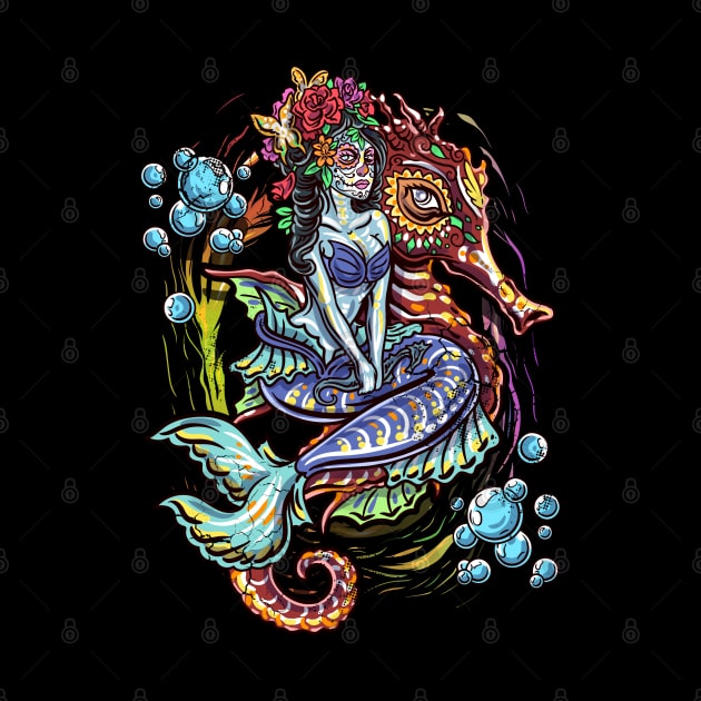 Day Of The Dead Mermaid Seahorse Graphic Art Design Gift by E