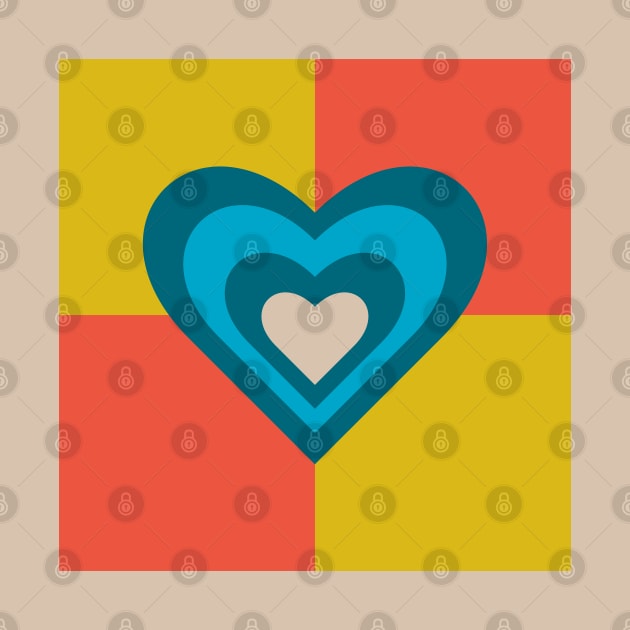 LOVE HEARTS CHECKERBOARD Retro Alt Valentines in Teal Blue Cream on Orange Yellow Geometric Grid - UnBlink Studio by Jackie Tahara by UnBlink Studio by Jackie Tahara