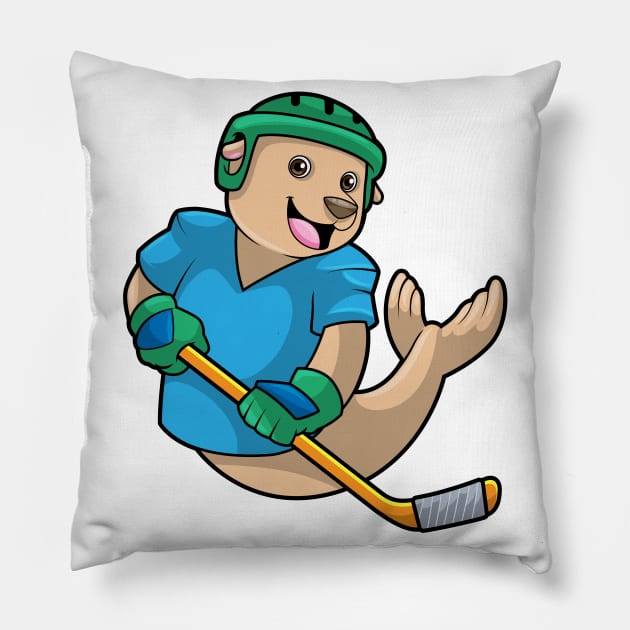 Seal at Ice hockey with Ice hockey stick Pillow by Markus Schnabel