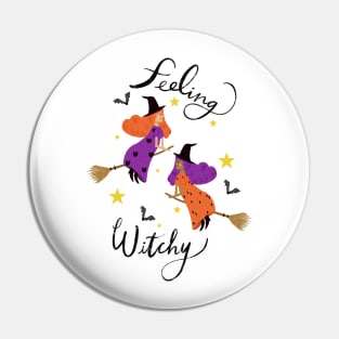 "Feeling Witchy" - Hand lettered // Orange & Purple haired witches (Halloween design) Pin