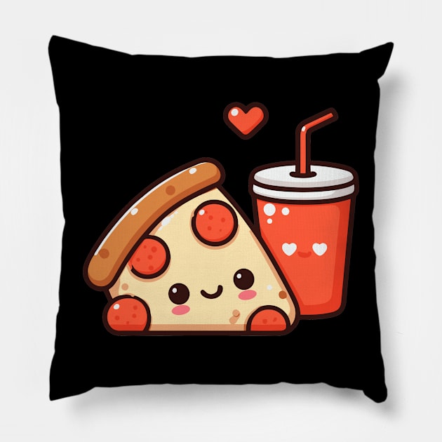 Kawaii Cute Pizza Slice and Diet Coke | Kawaii Food Design for Pizza Lovers Pillow by Nora Liak