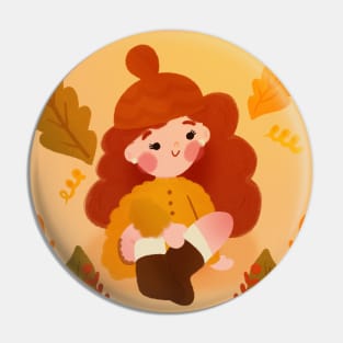 Cozy Fall Vibes - Kawaii Red-Haired Girl with Cute Leaves Art Pin