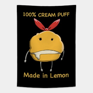 Mashle Anime 100% Made in Lemon Irvine Cream Puff Plush given to Mash Burnedead in episode 8 in Pop Art Style Yellow Text Tapestry