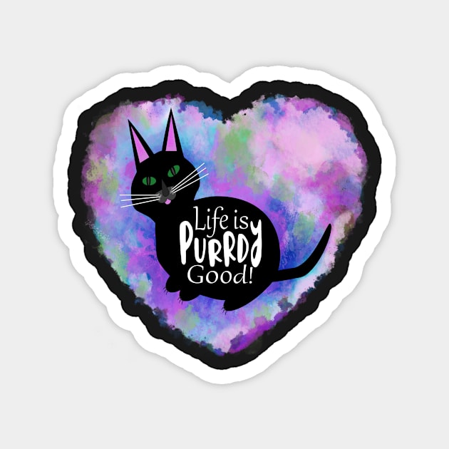 Cute Black Cat and Purple Rainbow Heart. Life is Purrdy Good! Magnet by innerspectrum