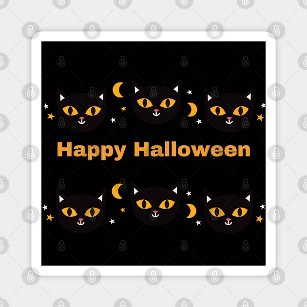 Happy Halloween, Orange and Black cat eyes with white triangle ears and half moons Magnet by BirdsnStuff