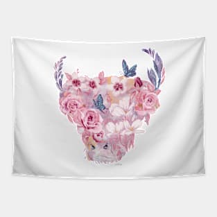 Watercolour Floral Highland Cow - Pinks and Purples Tapestry