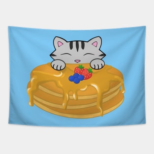 Cute grey cat eating a pancake Tapestry