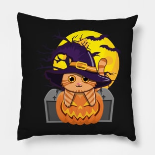 The Witch Cat Sitting On Spooky Pumpkin Pillow