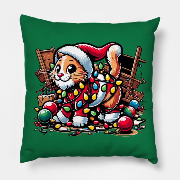 Festive Feline Fumble Pillow by Spaksu