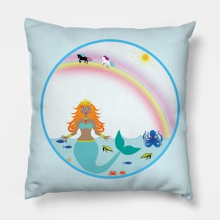 Mermaid in Sea with fish octopus crabs turtles unicorns and rainbow Pillow