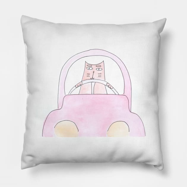 Cat is driving a car. Driver, road, journey. Watercolor illustration humorous. Humor, fun design modern Pillow by grafinya