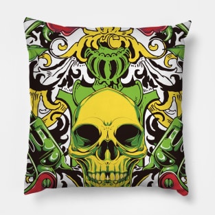 Skull with a gun & rose Pillow