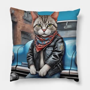 cute street Cat wearing a leather jacket standing by his car Pillow