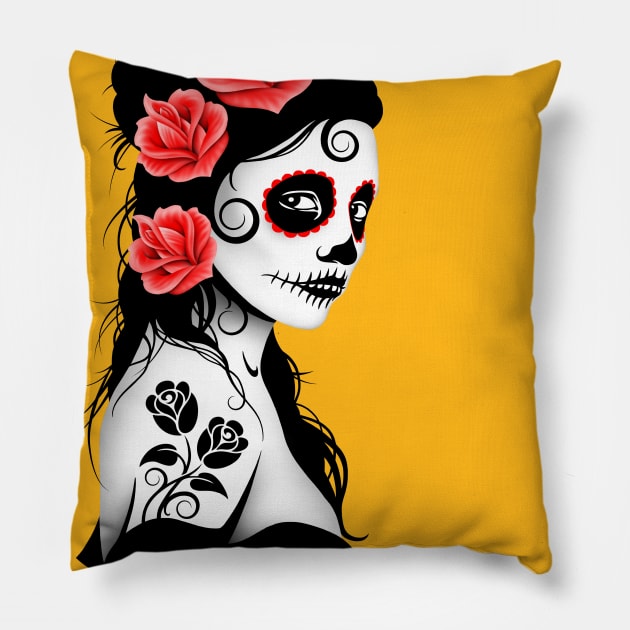 Red Day of the Dead Sugar Skull Girl Pillow by jeffbartels