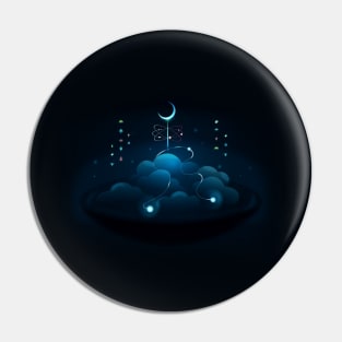 Fantasy dark beautiful night, moon, needle, and clouds on a plate. Digital art illustration. Pin