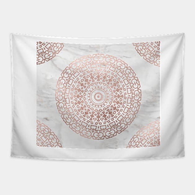 Marble mandala - beaded rose gold on white Tapestry by marbleco