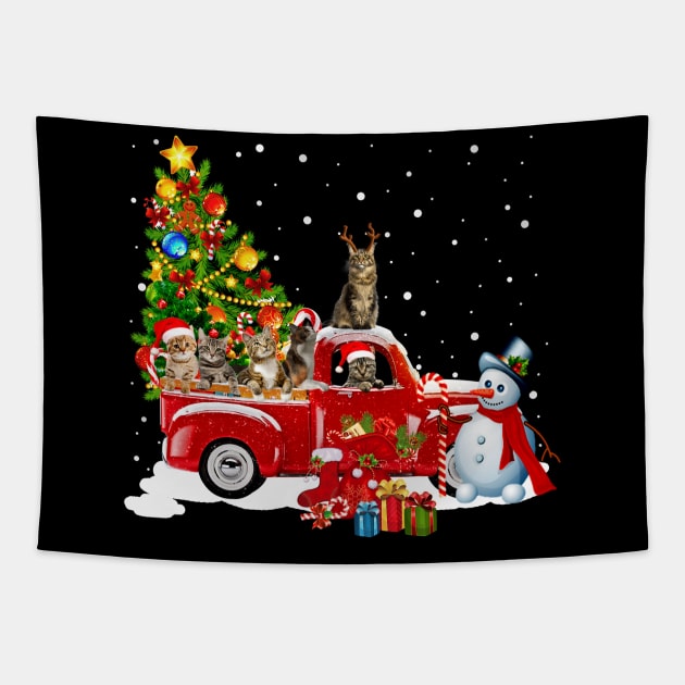 Cats Red Car Truck Christmas Tree Funny Santa T-Shirt Tapestry by kimmygoderteart