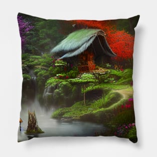 Sparkling Fantasy Cottage with Lights and Glitter Background in Forest, Scenery Nature Pillow