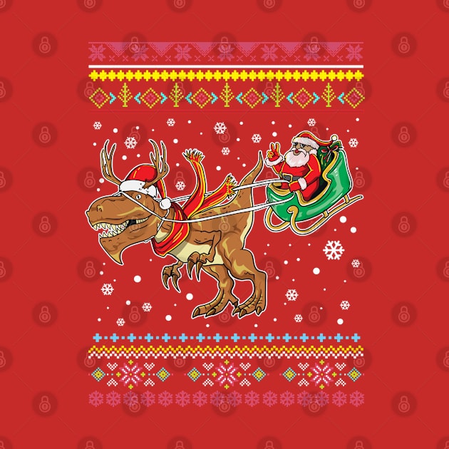 Santa Claus T Rex Reindeer Sleigh Ugly Christmas Sweater Pattern by E