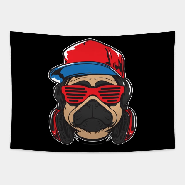 cute pug dog with glasses and headphone Tapestry by sharukhdesign