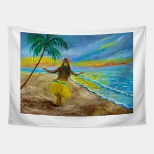 Hula Girl on the Beach Sunset Tapestry