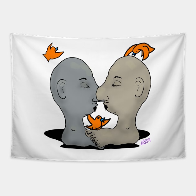 Self Love - two funny cartoon heads and a few birds practicing positivity Tapestry by davidscohen