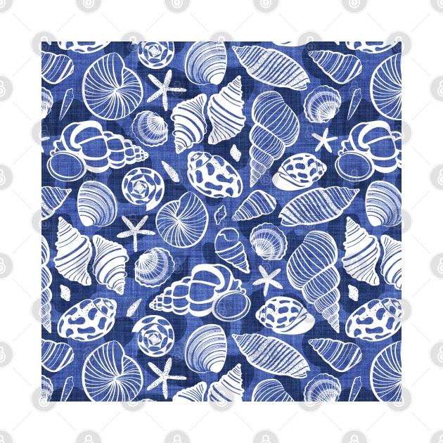 Sea treasures // pattern // electric blue faux texture background catalina blue shadows white delineated seashells by SelmaCardoso