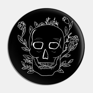 Skull with flowers, white outline Pin