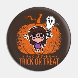 Kawaii Girl and the Unhappy Spirit: Halloween Charm on Pumpkin Background Pin